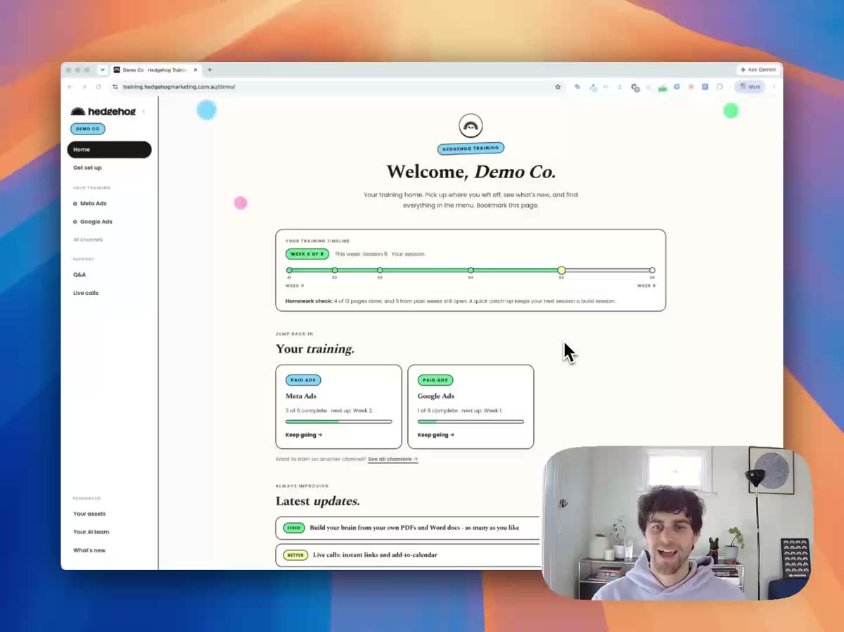 The Hedgehog training portal home page, showing a client's training timeline and channels